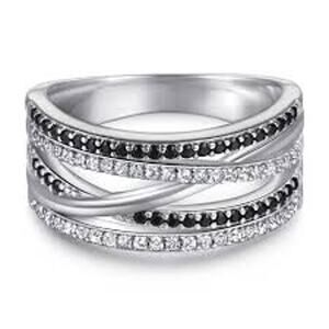 Black & White CZ Rhodium Over Sterling Silver Crossover Band Ring Size 8